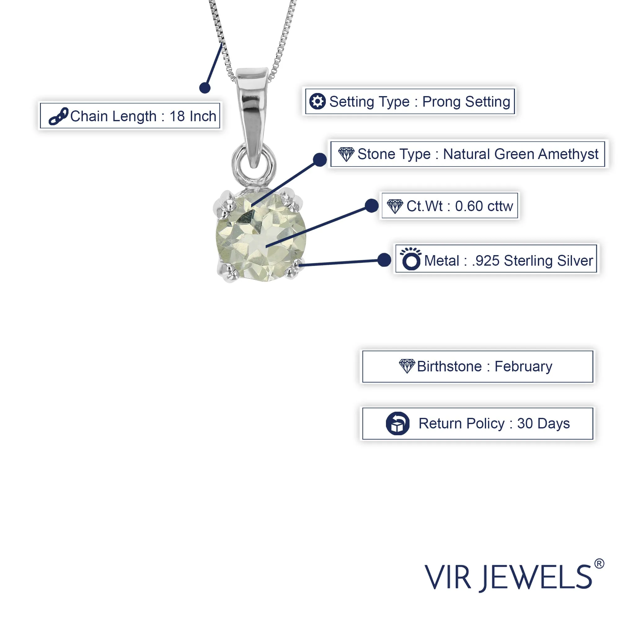0.60 cttw Pendant Necklace, Green Amethyst Pendant Necklace for Women in .925 Sterling Silver with Rhodium, 18 Inch Chain, Prong Setting