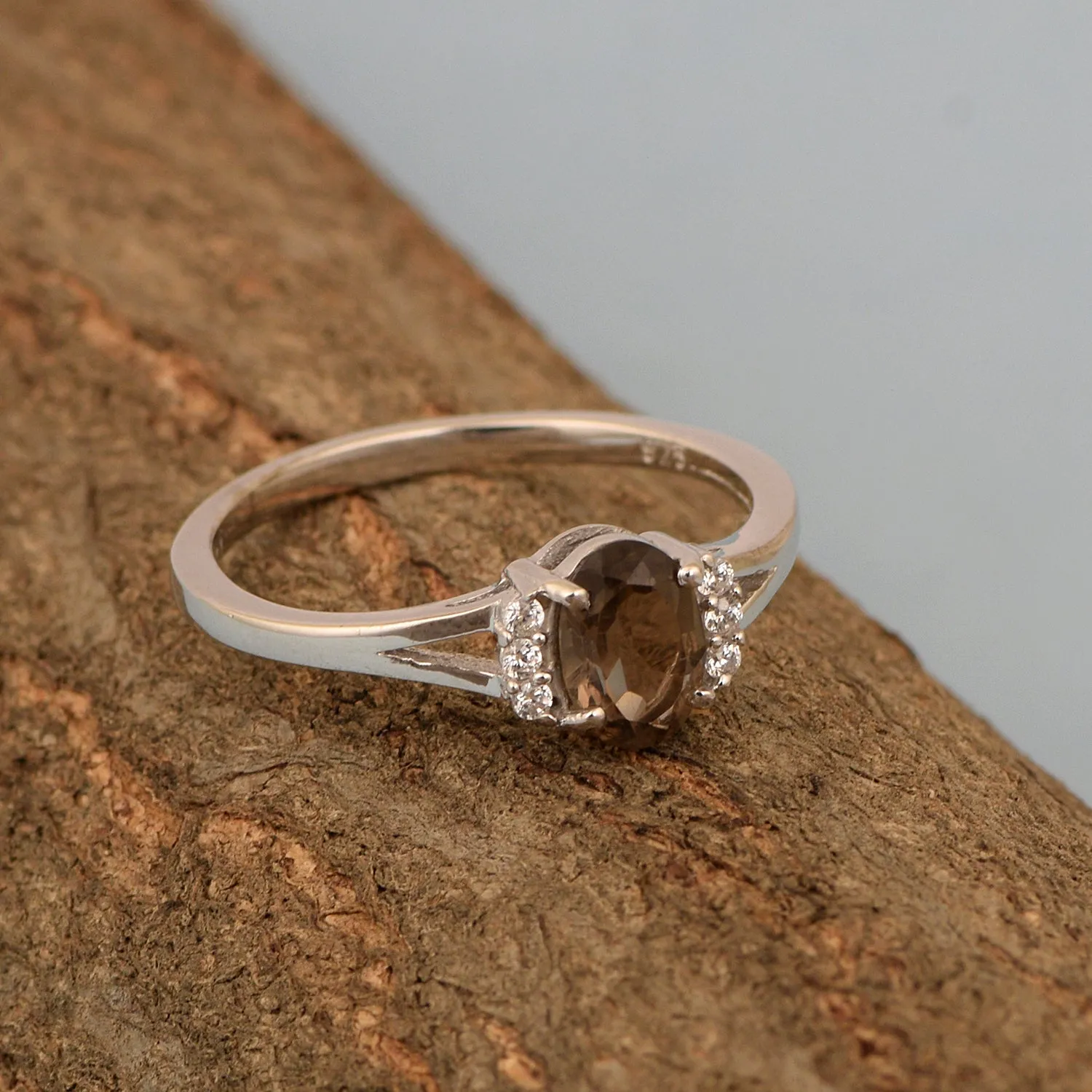 0.65 Ctw Oval Smoky Quartz 925 Sterling Silver Solitaire Accents Women Wedding Ring