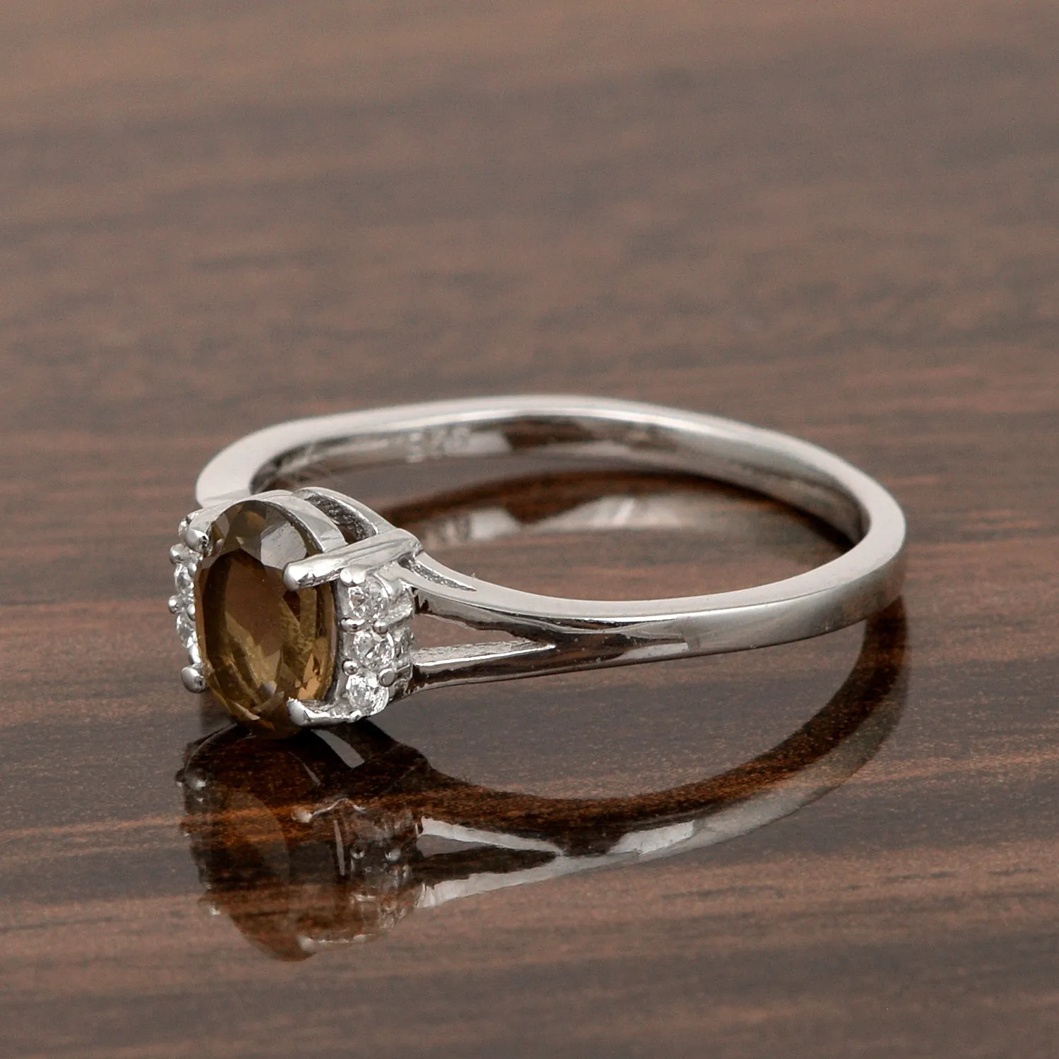 0.65 Ctw Oval Smoky Quartz 925 Sterling Silver Solitaire Accents Women Wedding Ring