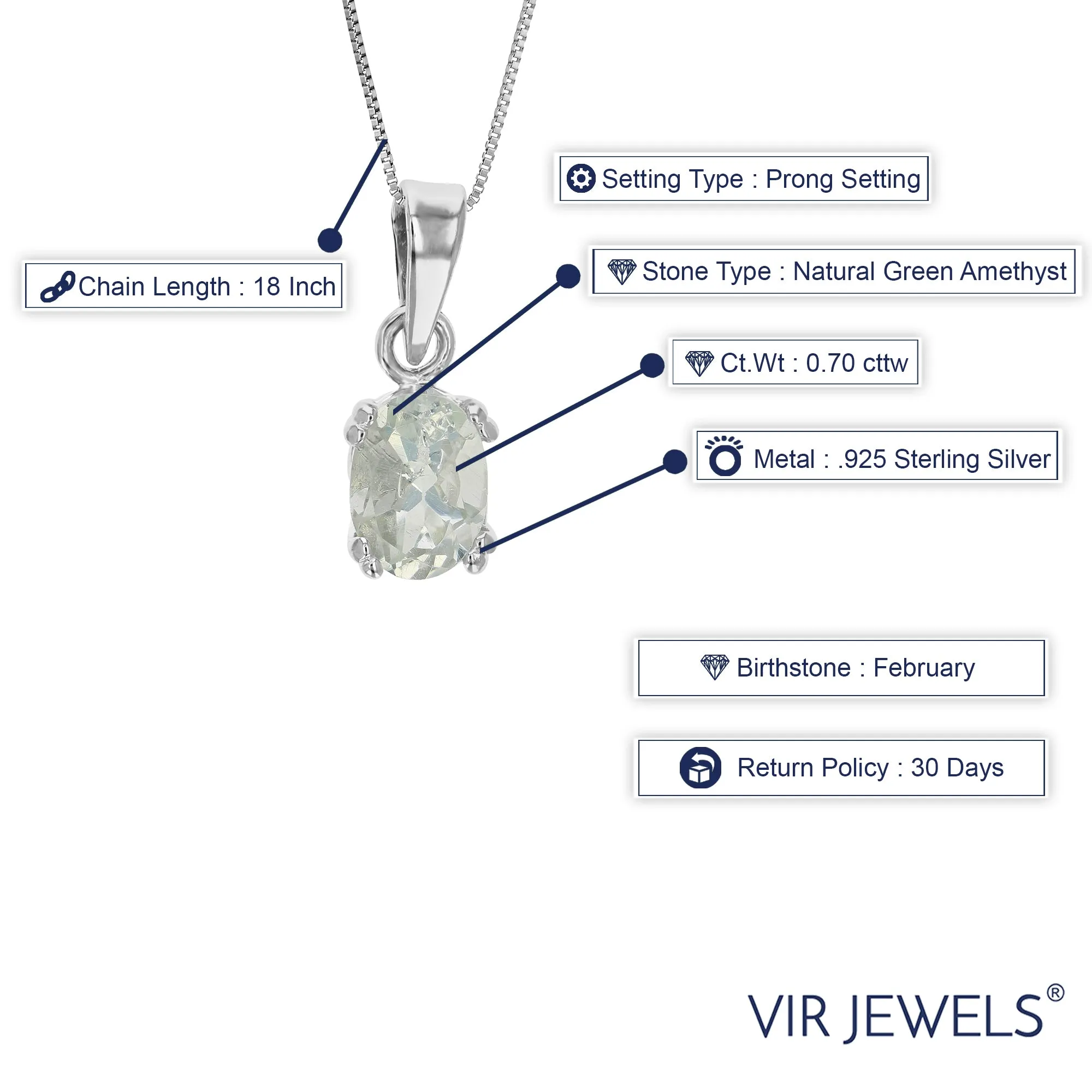 0.70 cttw Pendant Necklace, Green Amethyst Oval Pendant Necklace for Women in .925 Sterling Silver with Rhodium, 18 Inch Chain, Prong Setting