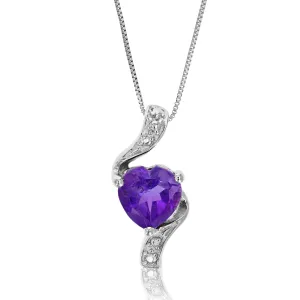 0.70 cttw Pendant Necklace, Purple Amethyst Heart Pendant Necklace for Women in .925 Sterling Silver with Rhodium, 18 Inch Chain, Prong Setting