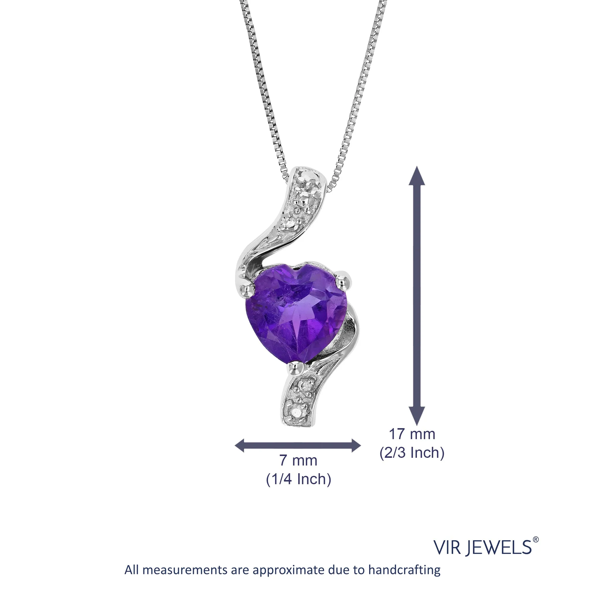 0.70 cttw Pendant Necklace, Purple Amethyst Heart Pendant Necklace for Women in .925 Sterling Silver with Rhodium, 18 Inch Chain, Prong Setting