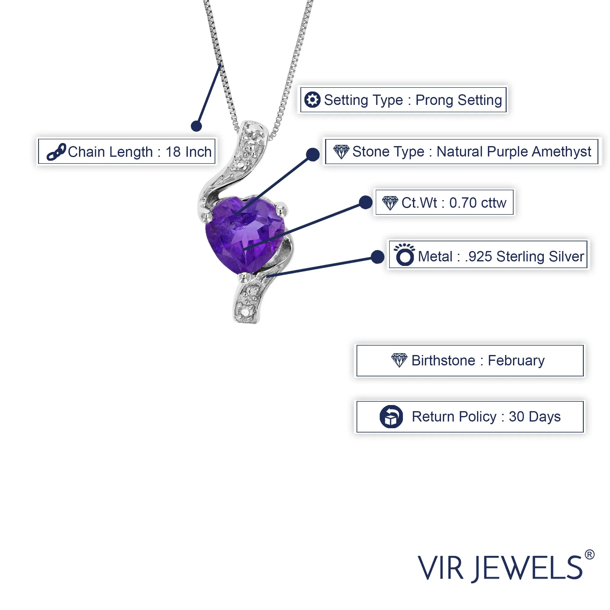 0.70 cttw Pendant Necklace, Purple Amethyst Heart Pendant Necklace for Women in .925 Sterling Silver with Rhodium, 18 Inch Chain, Prong Setting