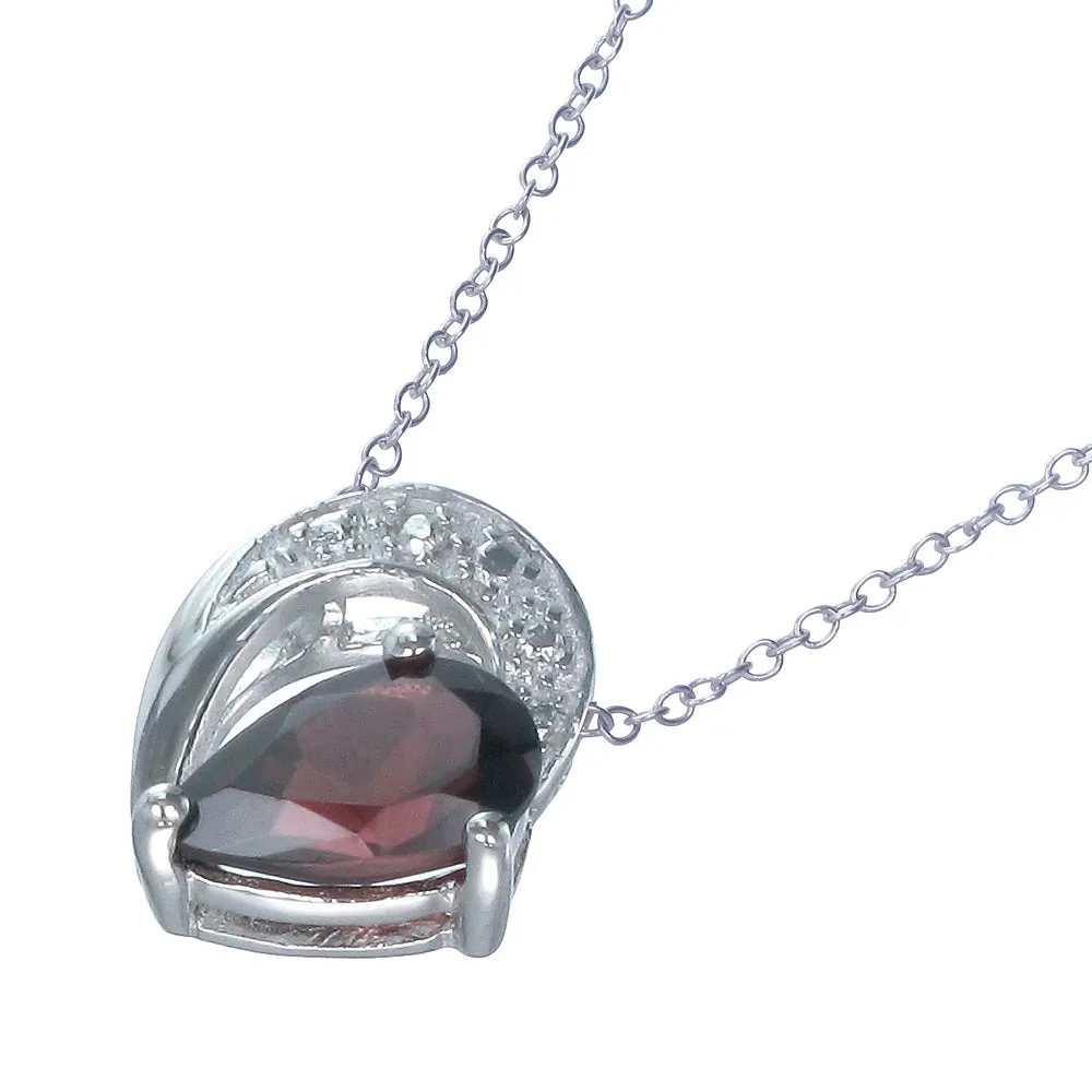 0.90 cttw Pendant Necklace, Garnet Pear Shape Pendant Necklace for Women in .925 Sterling Silver with Rhodium, 18 Inch Chain, Prong Setting