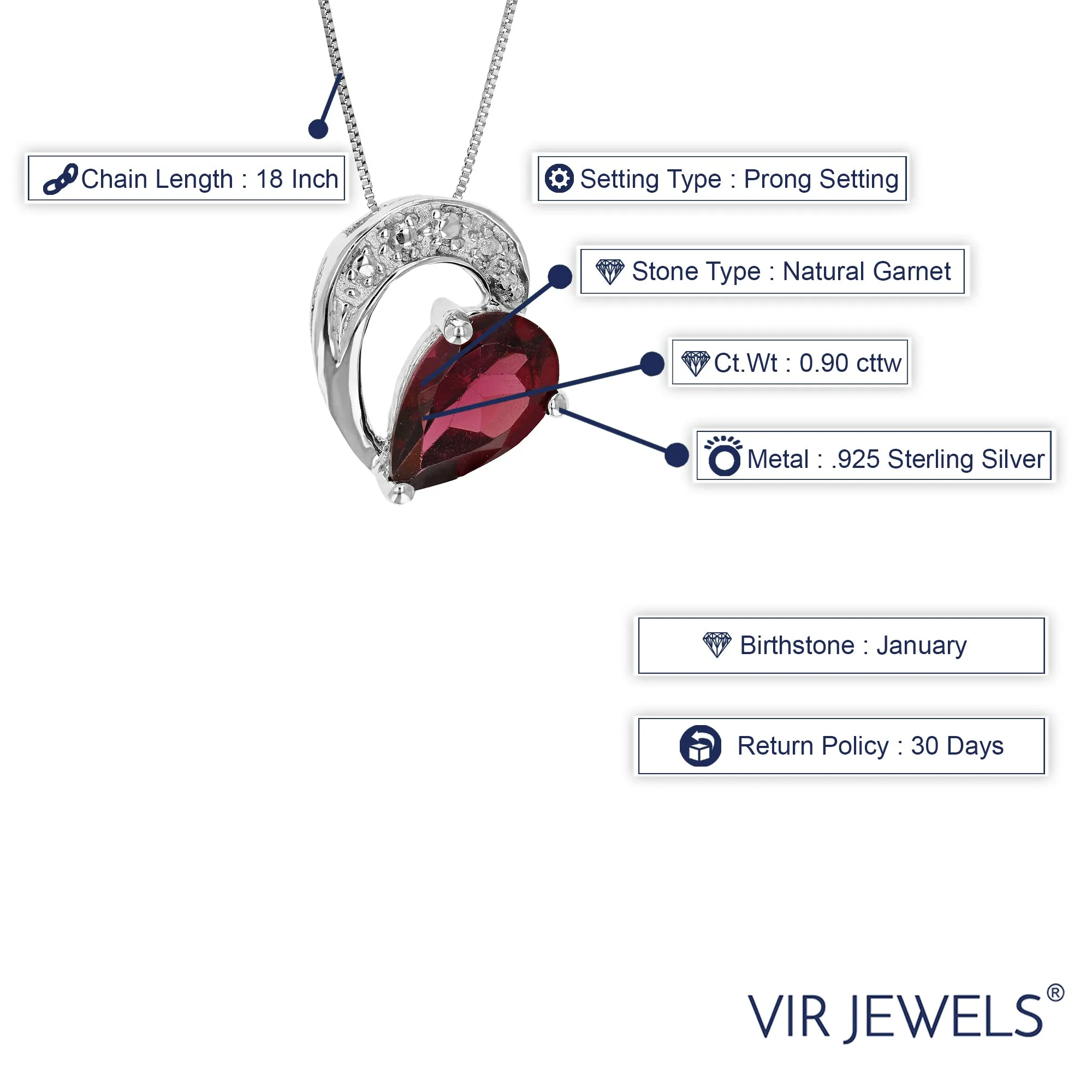 0.90 cttw Pendant Necklace, Garnet Pear Shape Pendant Necklace for Women in .925 Sterling Silver with Rhodium, 18 Inch Chain, Prong Setting