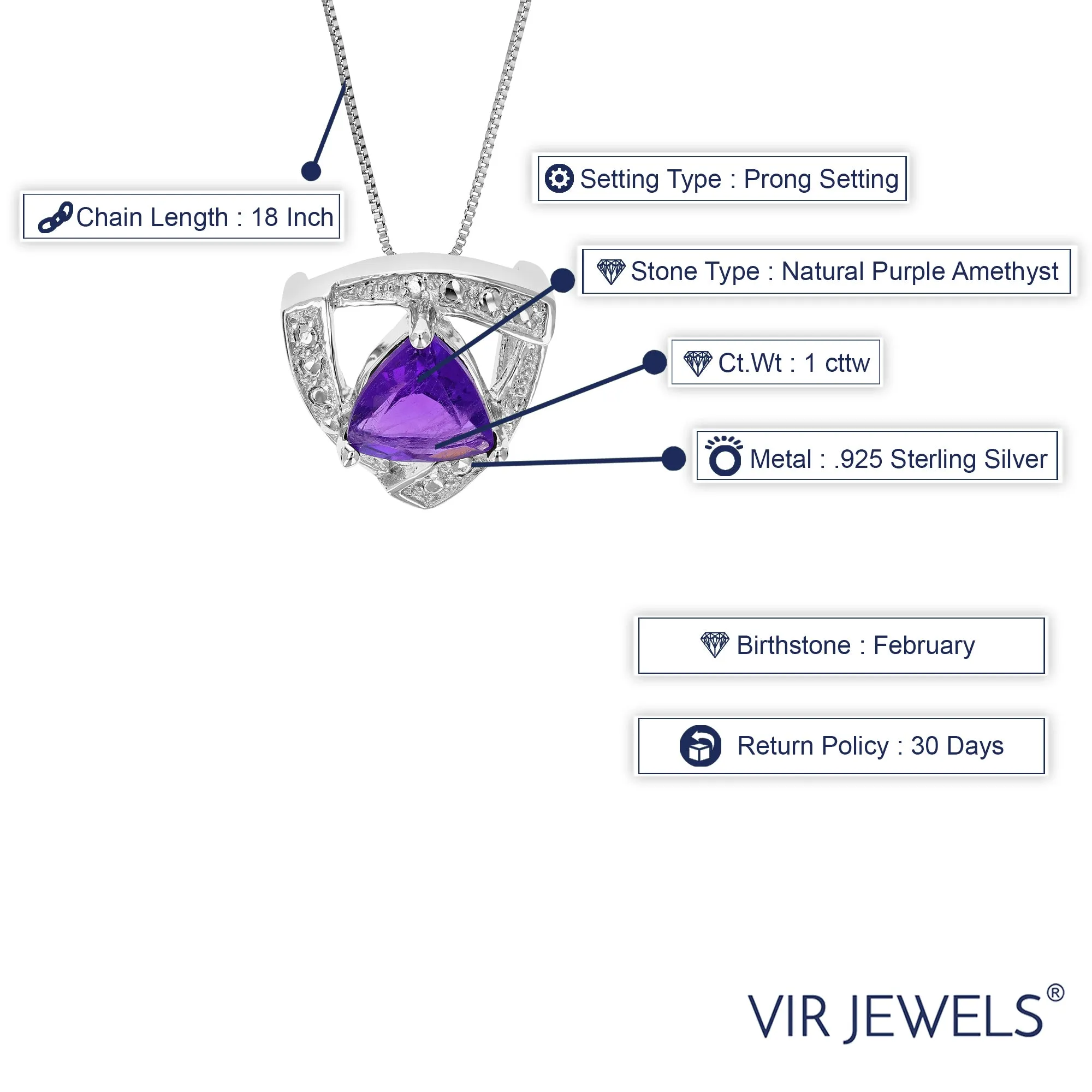 1 cttw Pendant Necklace, Purple Amethyst Trillion Shape Pendant Necklace for Women in .925 Sterling Silver with Rhodium, 18 Inch Chain, Prong Setting