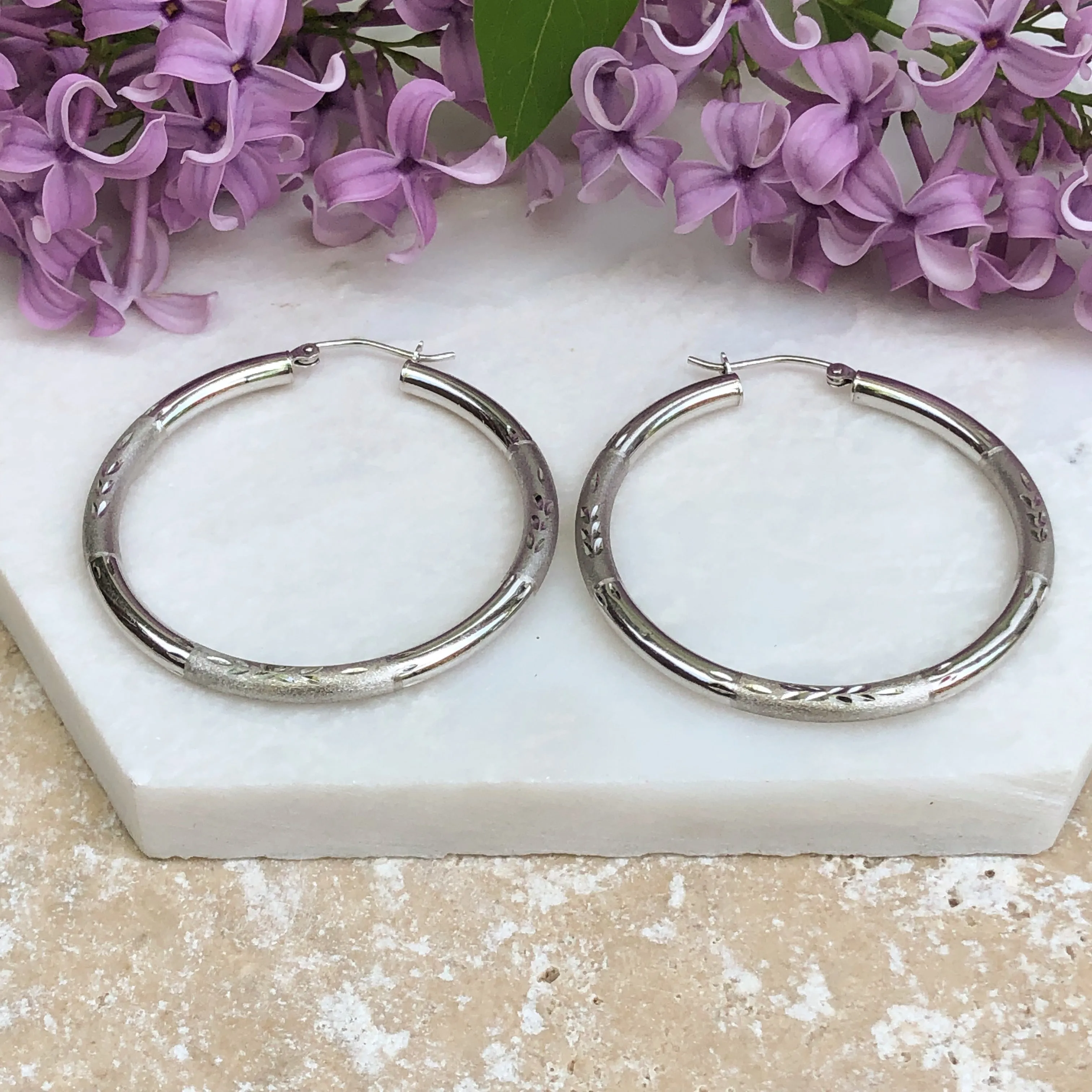 10KT White Gold Diamond-Cut   Satin Hoop Earrings 40mm
