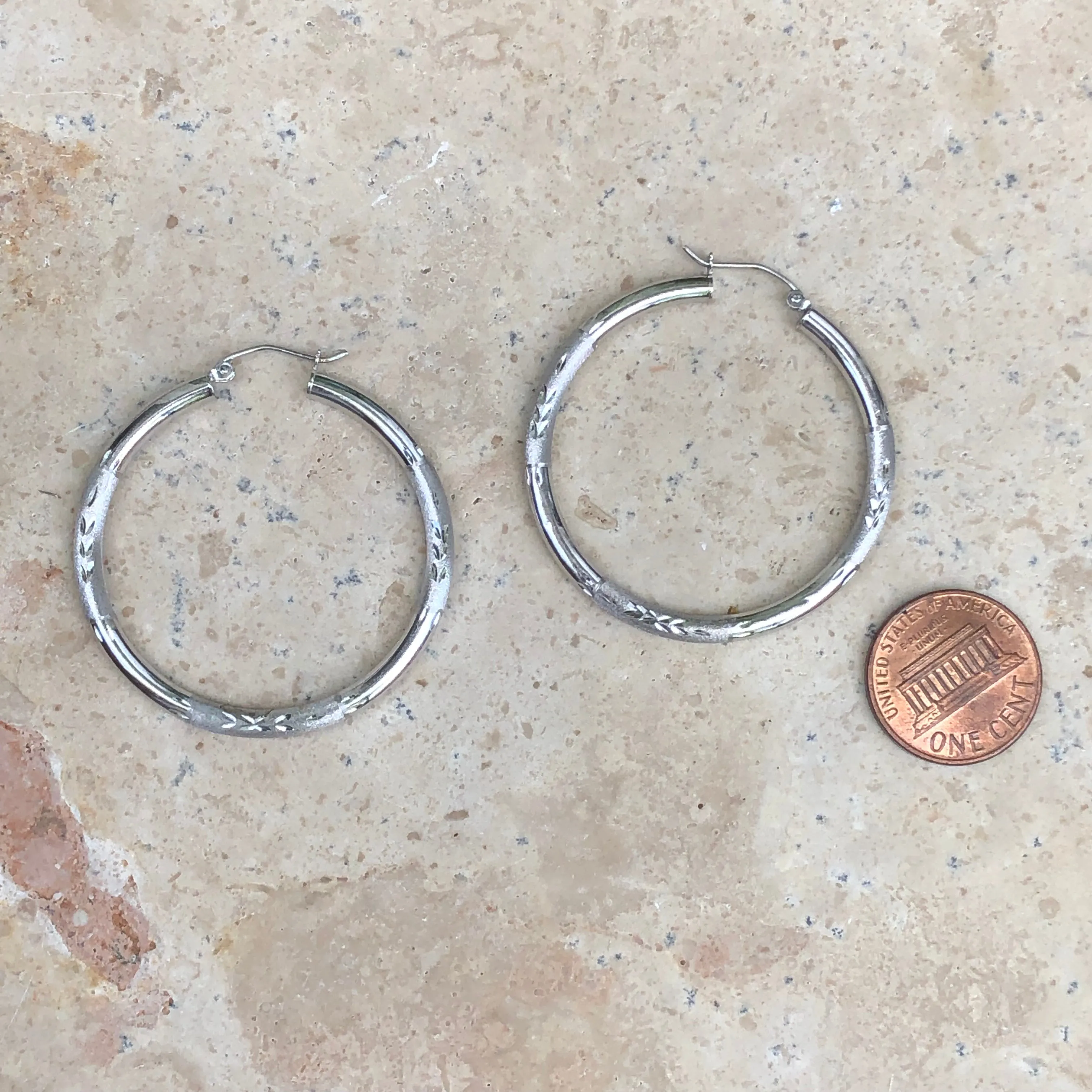 10KT White Gold Diamond-Cut   Satin Hoop Earrings 40mm