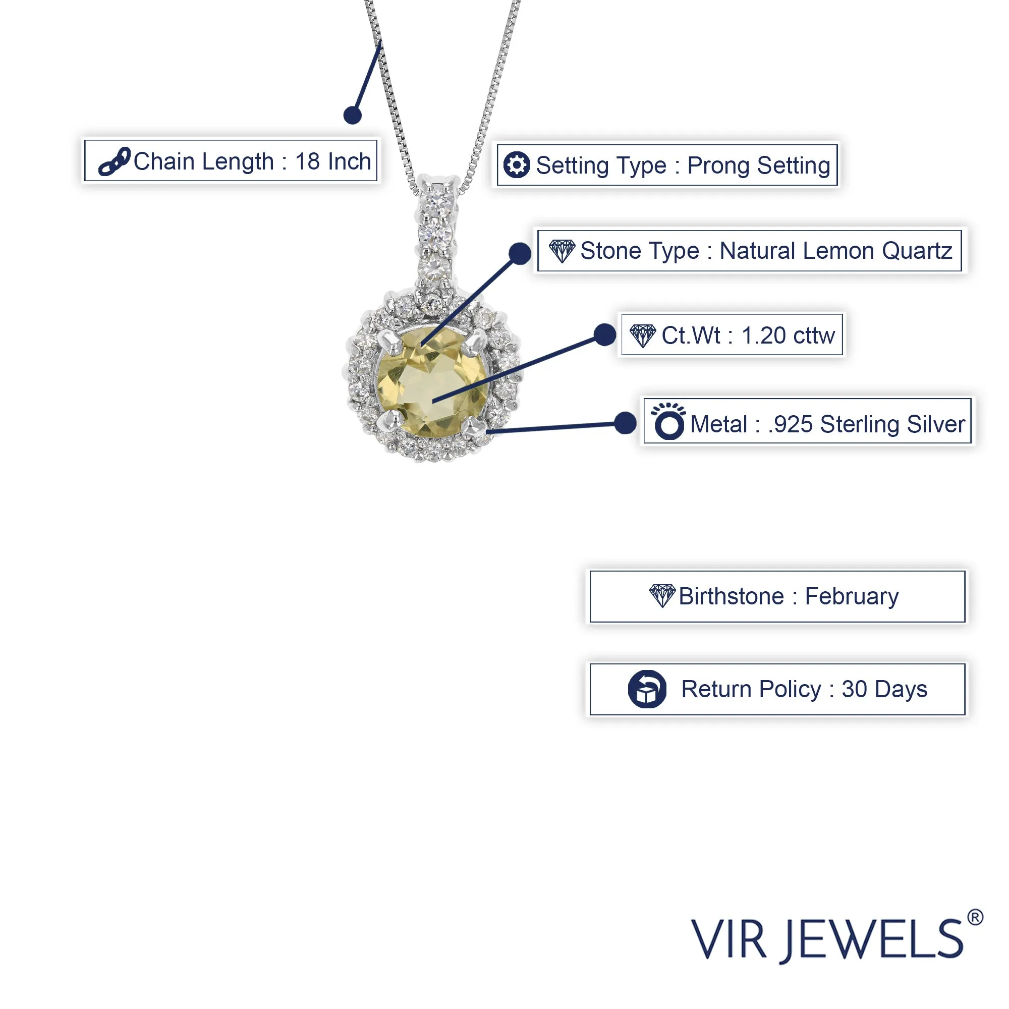 1.20 cttw Pendant Necklace, Lemon Quartz Pendant Necklace for Women in .925 Sterling Silver with Rhodium, 18 Inch Chain, Prong Setting