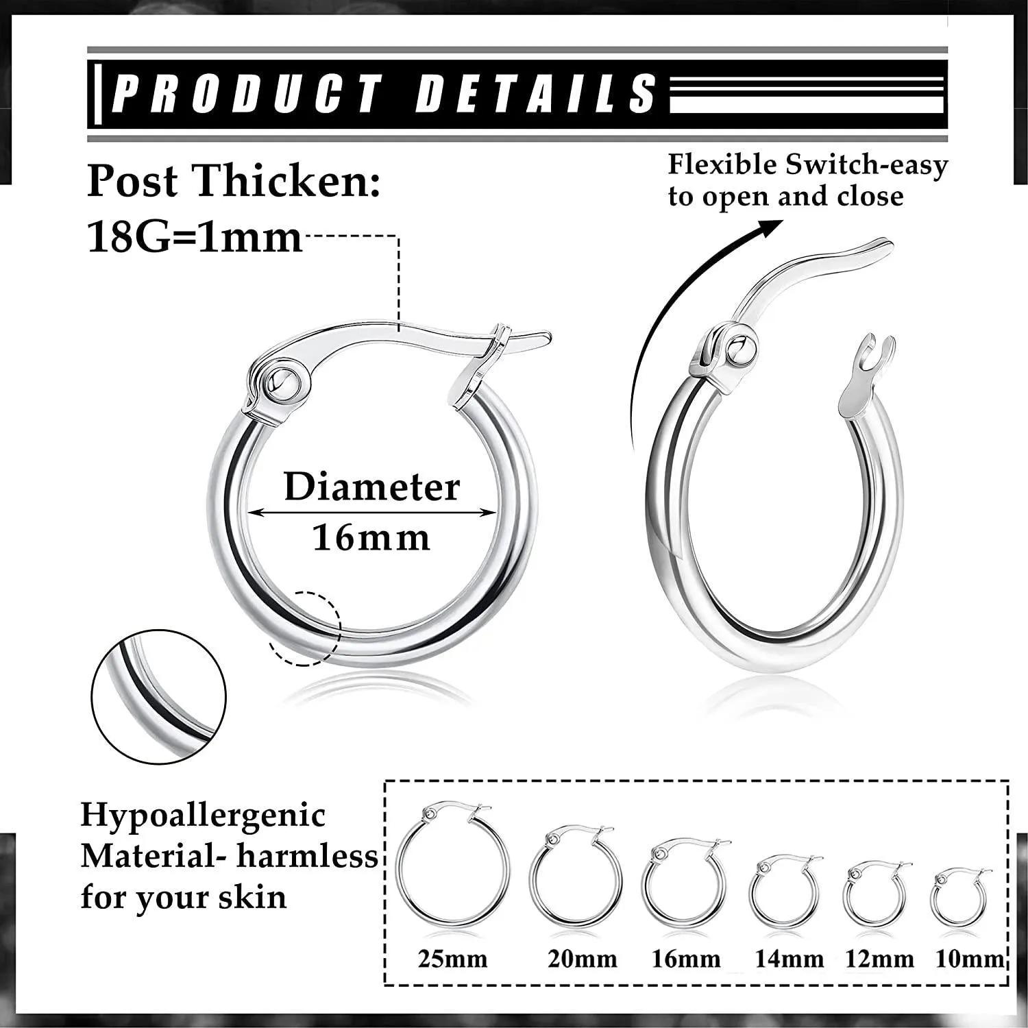 12Pairs Small Hoop Earrings For Women Men Hypoallergenic Stainless Steel Earrings Clasp Nickle Free Earrings Set 10/12/14/16/20/25mm