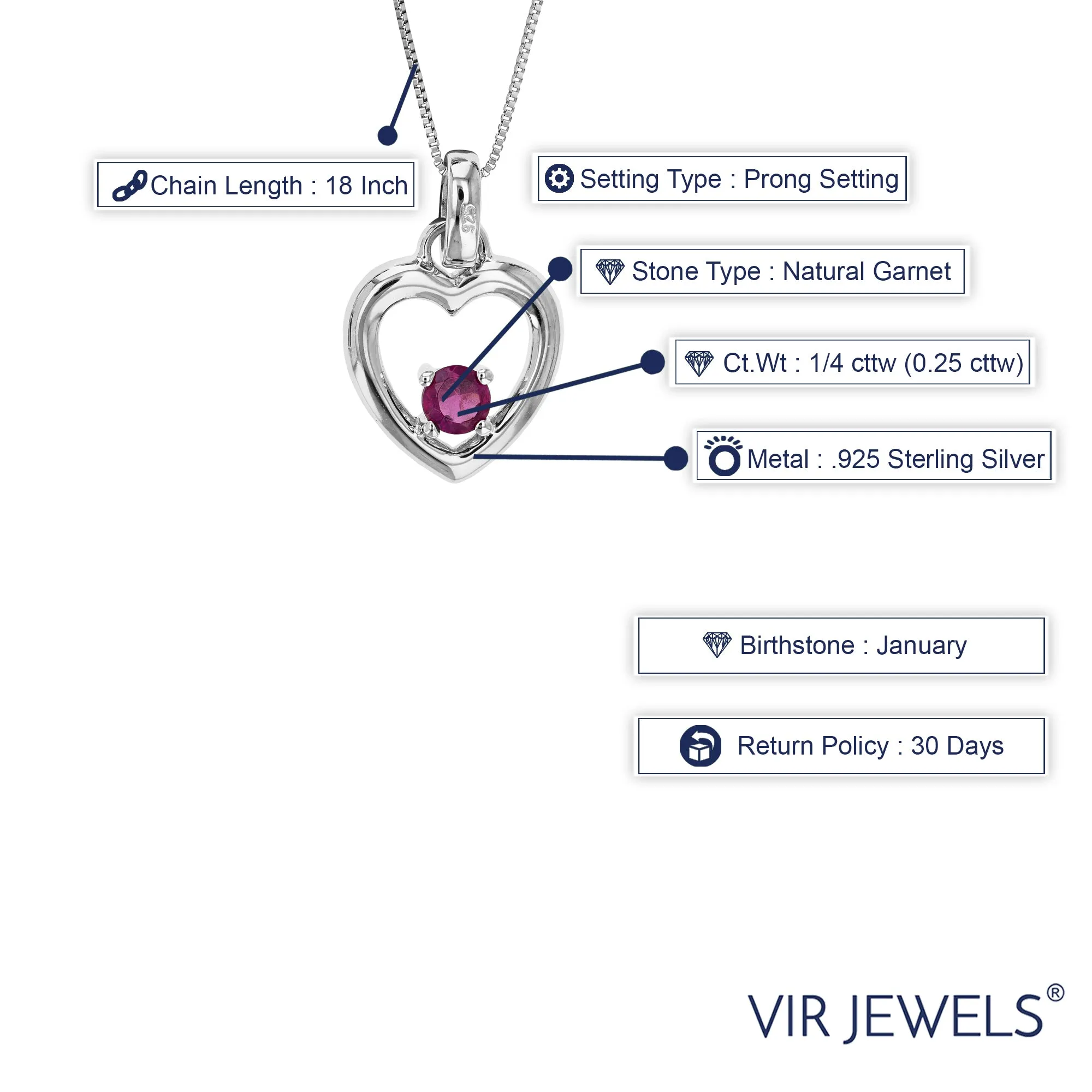 1/4 cttw Pendant Necklace, Garnet Pendant Necklace for Women in .925 Sterling Silver with Rhodium, 18 Inch Chain, Prong Setting