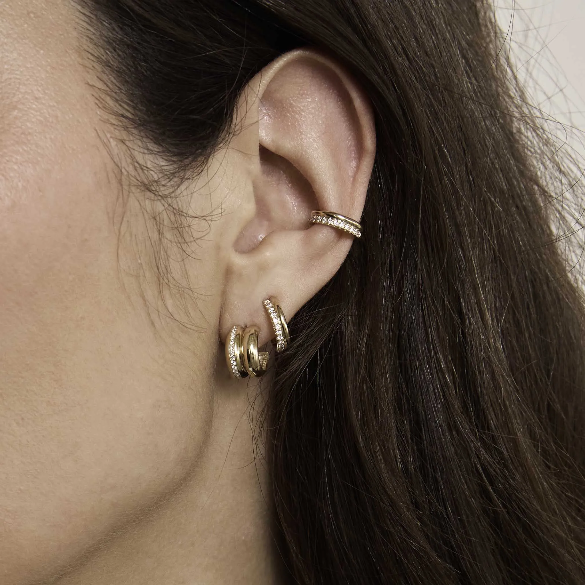14k Gold & Pavé Diamond Double Row Huggie Hoops