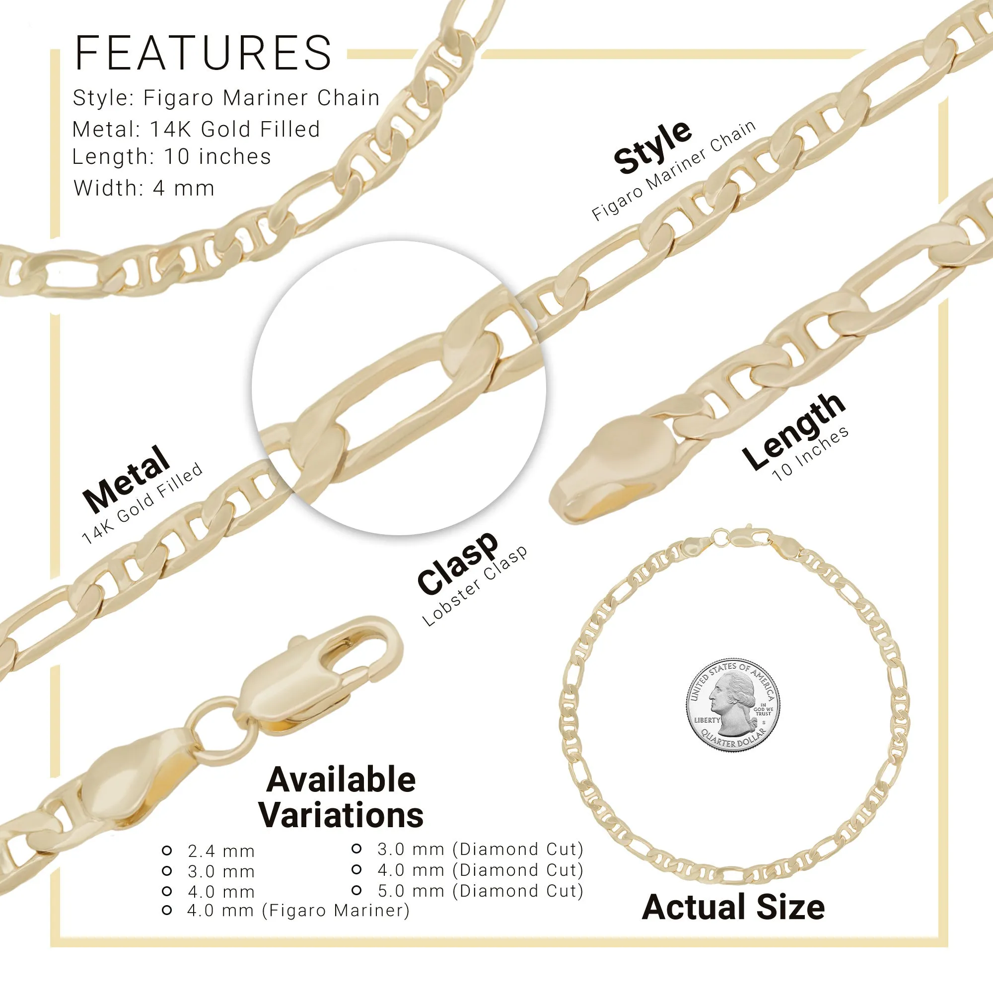 14K Gold Filled Anklet Diamond Cut Figaro Chain Anklet 10" Women Jewelry