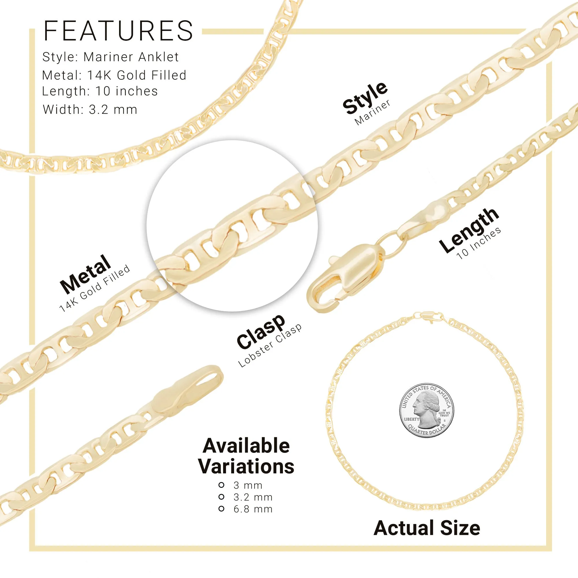 14K Gold Filled Anklet Diamond Cut Mariner Chain Anklet 10" Women Jewelry