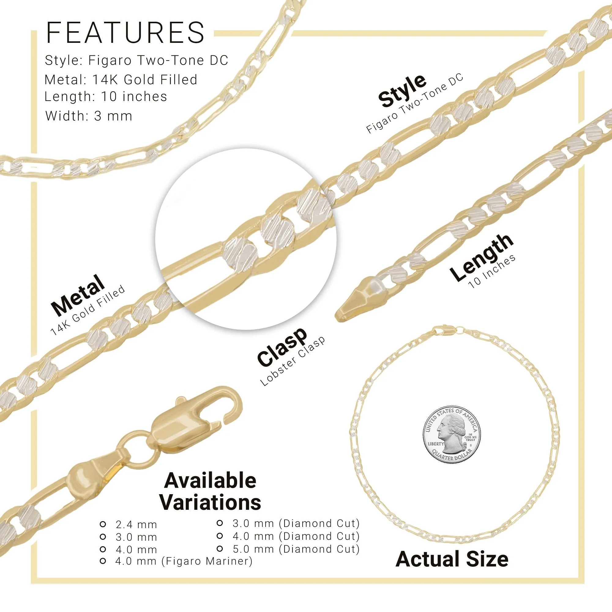 14K Gold Filled Anklet Diamond Cut Two Tone Figaro Chain Anklet 10" Women Jewelry