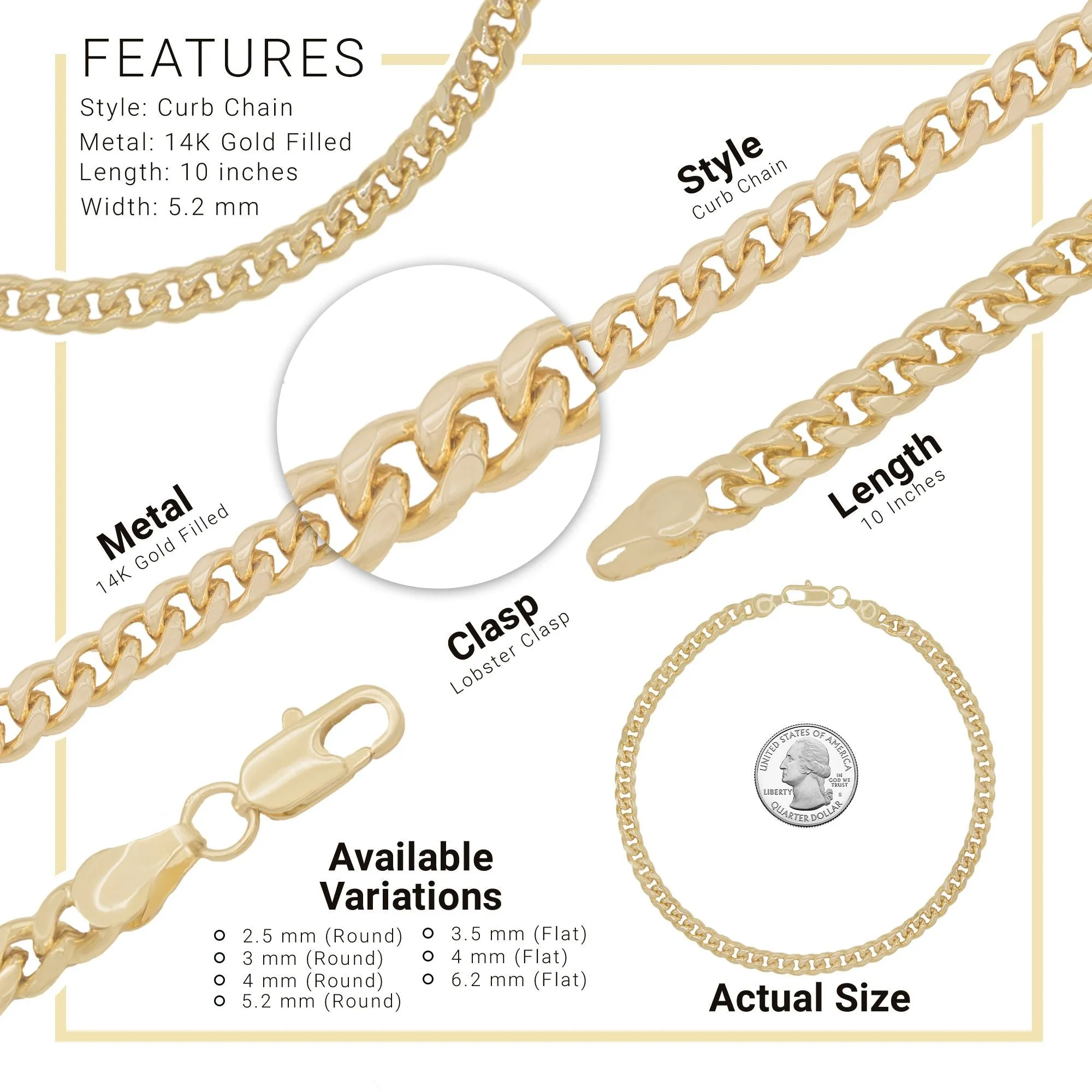 14K Gold Filled Cuban Link 14K Gold Filled Anklet Round Curb Chain 10'' Women Jewelry