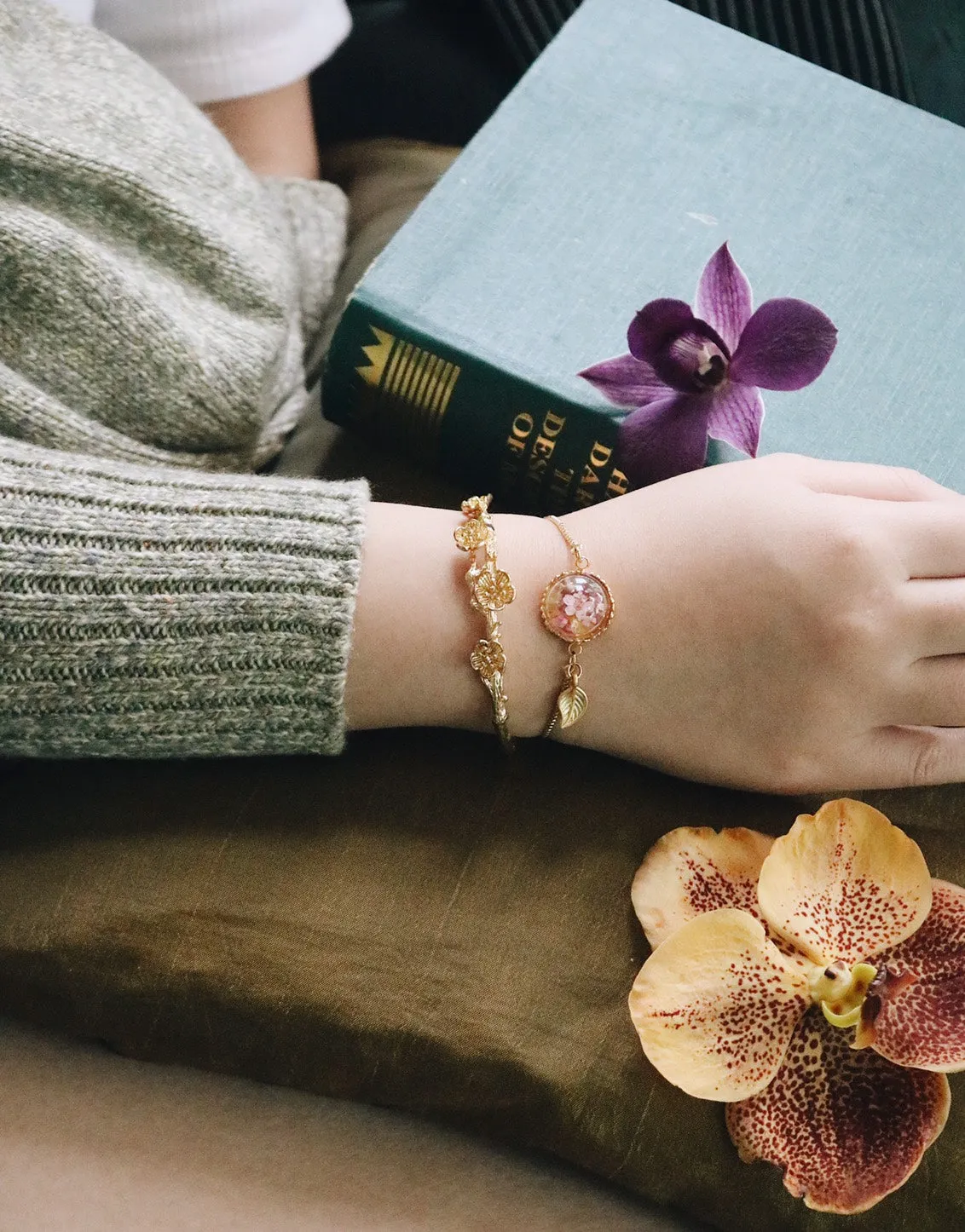 14K Gold Flower Victoria Brass Design & Pink Heliotrope Forest Bledning Snake Chain Bracelet, Robinwood, Masterpieces, Yut Sila