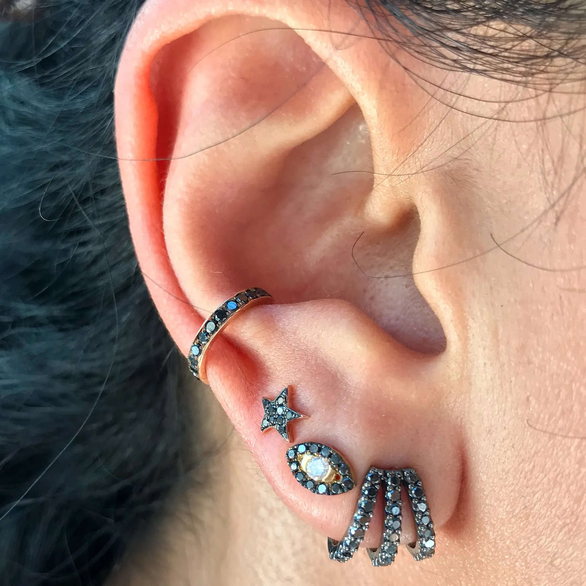 14K Gold Full Pavé Black Diamond Round Hoop Ear Cuff