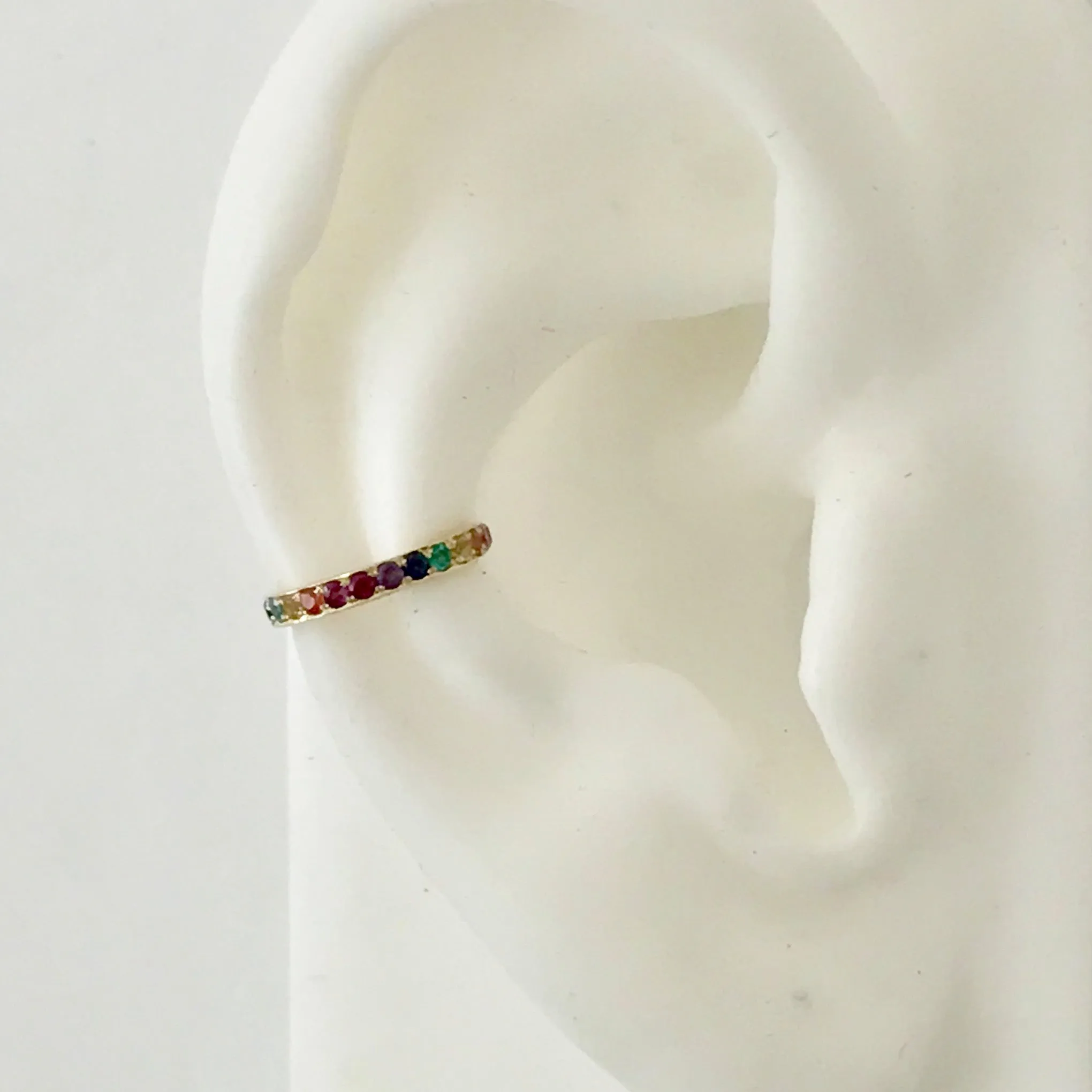 14K Gold Full Pavé Rainbow Gemstone Round Hoop Ear Cuff