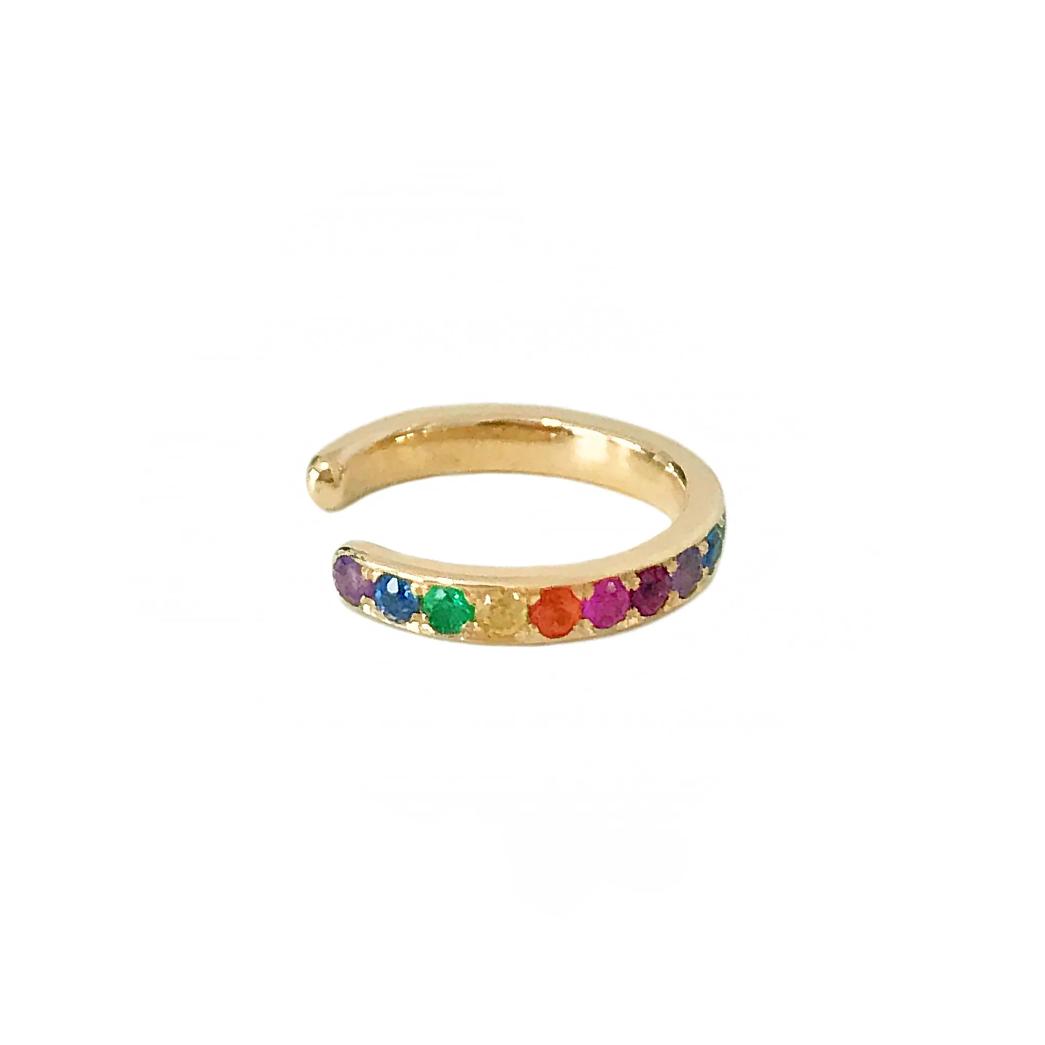 14K Gold Full Pavé Rainbow Gemstone Round Hoop Ear Cuff