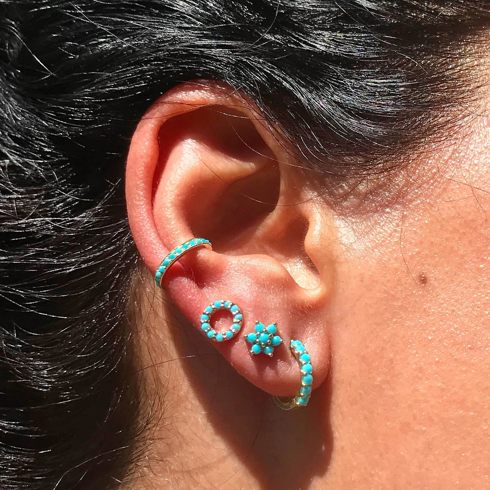 14K Gold Full Pavé Turquoise Round Hoop Ear Cuff