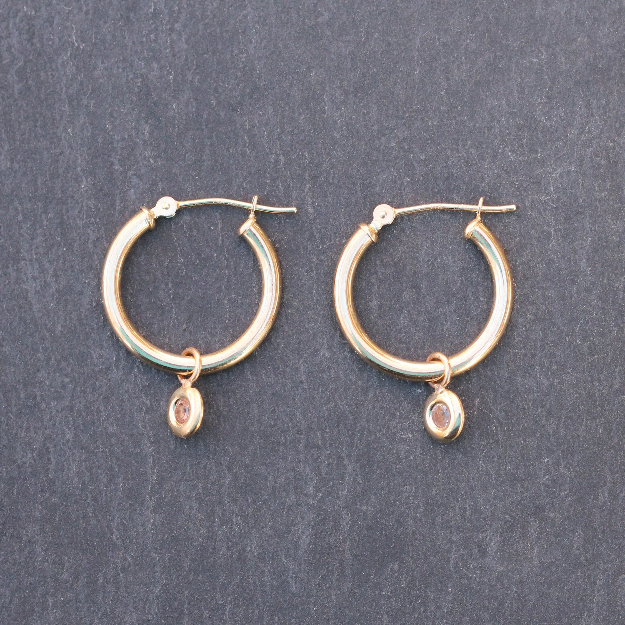 14k Gold   Pink Spinel Charm Hoop Earrings