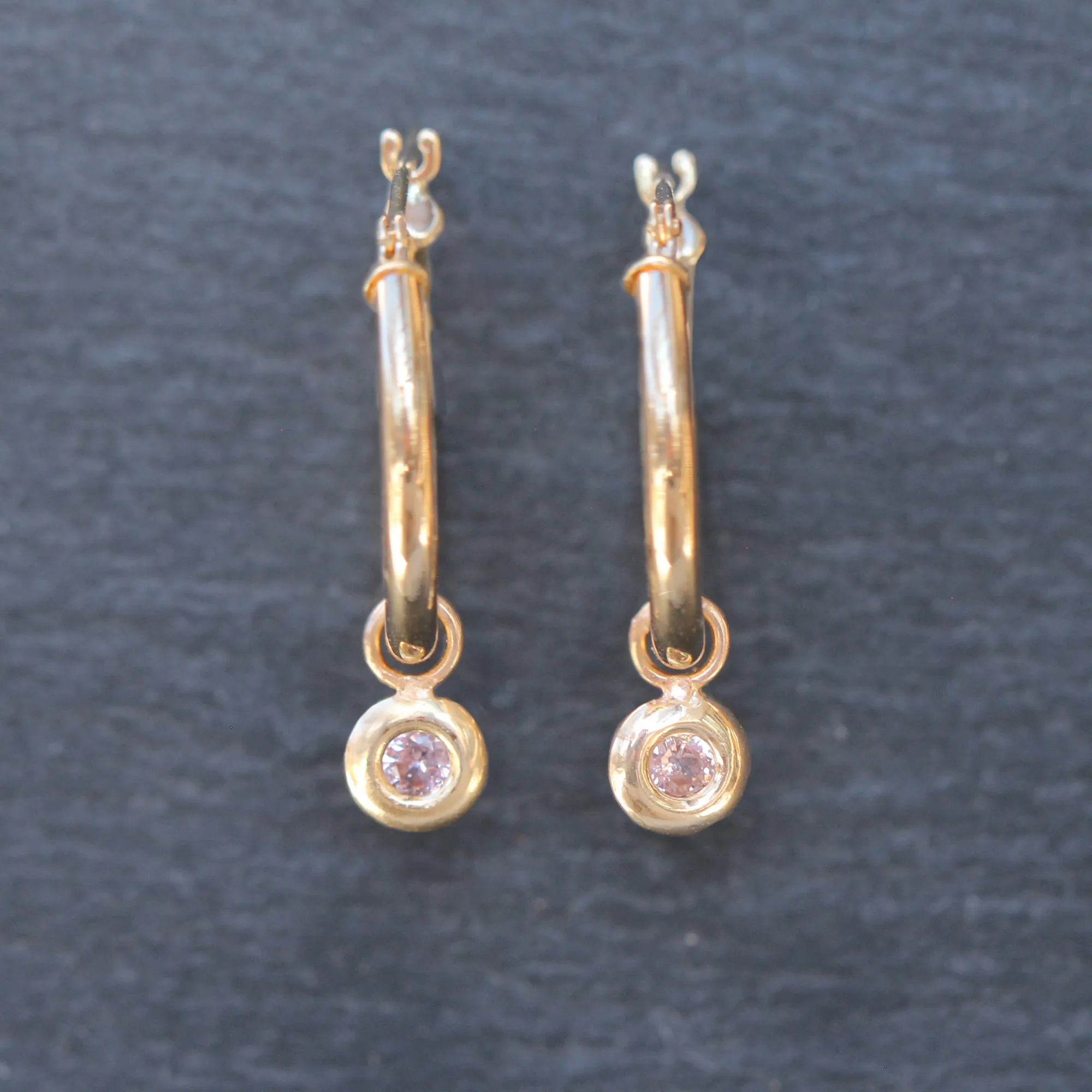 14k Gold   Pink Spinel Charm Hoop Earrings