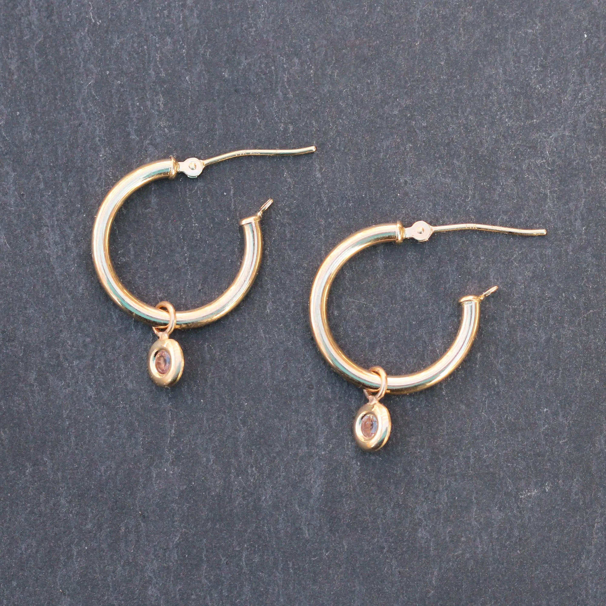 14k Gold   Pink Spinel Charm Hoop Earrings