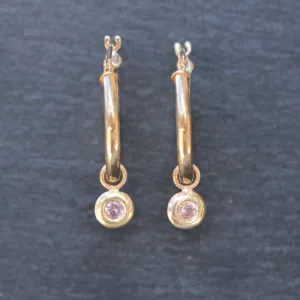 14k Gold   Pink Spinel Charm Hoop Earrings
