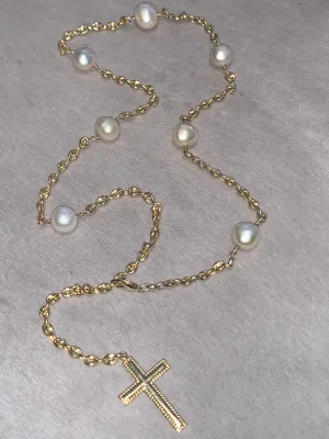 14K Gold Puffy Mariner Chain with 10mm Japanese pearls and Gold Perles Cross