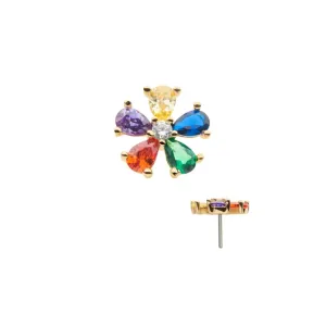 14K Gold Threadless CZ Rainbow Flower with Titanium Backing