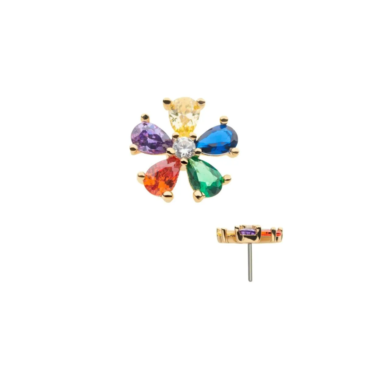 14K Gold Threadless CZ Rainbow Flower with Titanium Backing