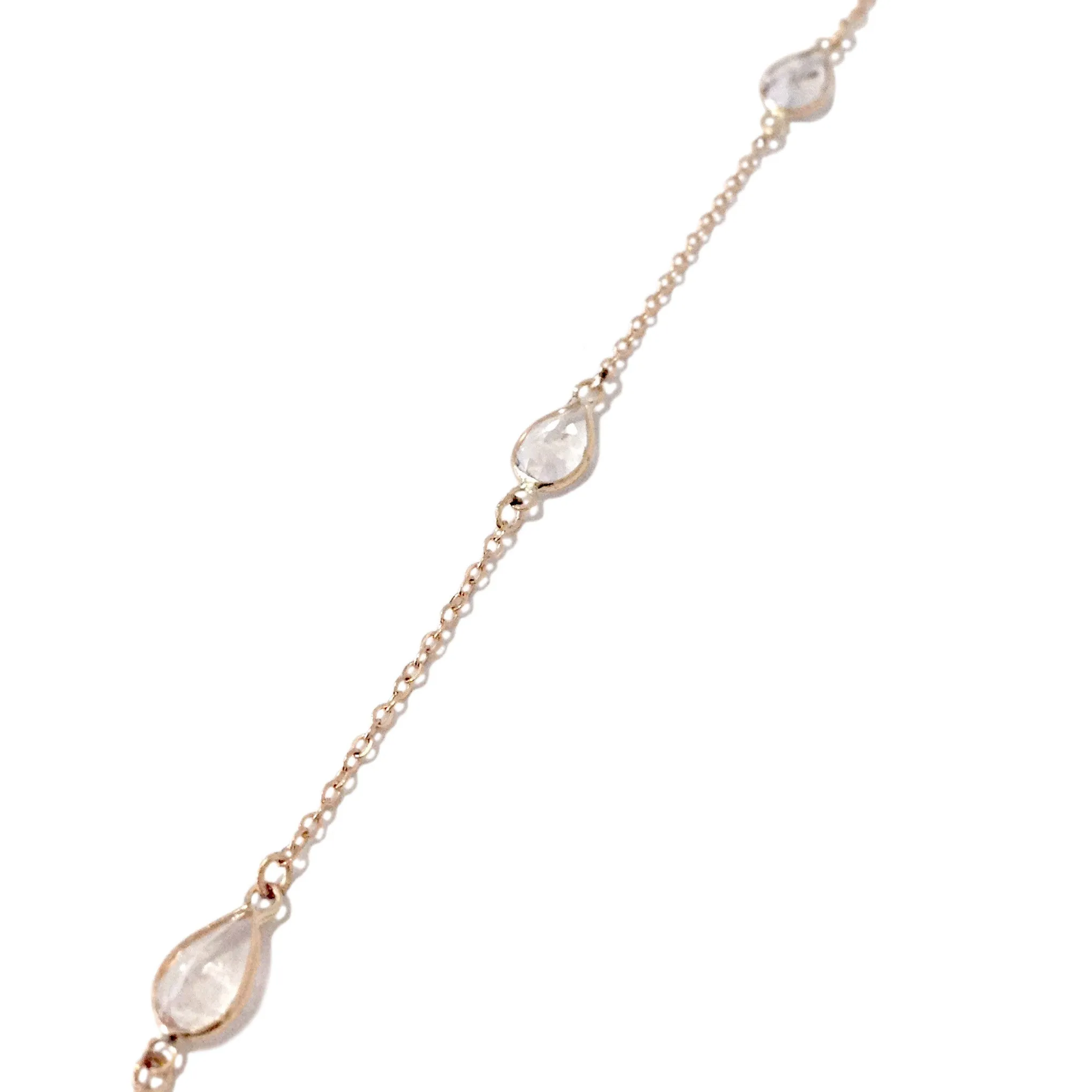 14K Gold Triple Bezel Pear Shape White Sapphire Foot Lariat Ankle Bracelet