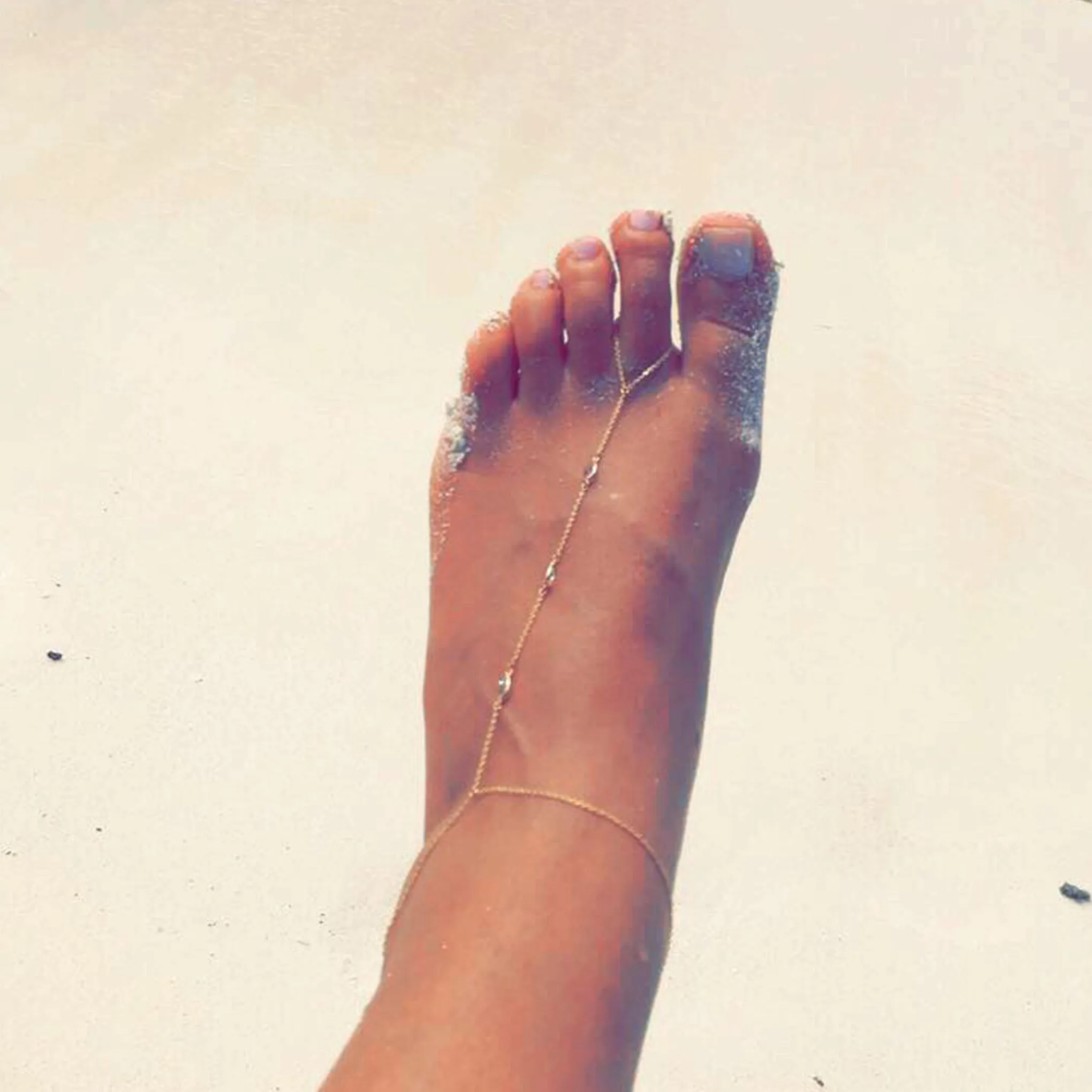 14K Gold Triple Bezel Pear Shape White Sapphire Foot Lariat Ankle Bracelet
