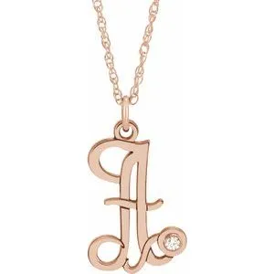 14K Rose .02 CT Diamond Script Initial A 16-18" Necklace