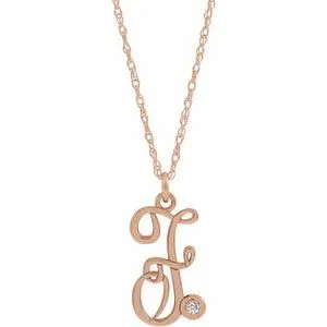 14K Rose .02 CT Diamond Script Initial F 16-18" Necklace