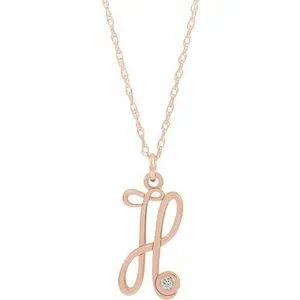 14K Rose .02 CT Diamond Script Initial H 16-18" Necklace