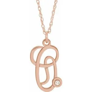 14K Rose .02 CT Diamond Script Initial O 16-18" Necklace