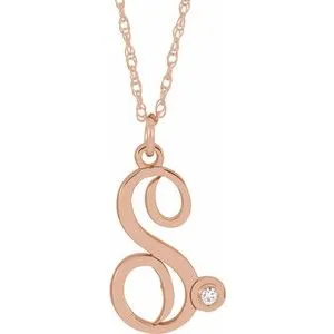 14K Rose .02 CT Diamond Script Initial S 16-18" Necklace