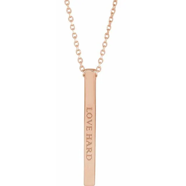 14K Rose Gold 25x2.6 mm Engravable Four-Sided Vertical Bar 16-18" Necklace