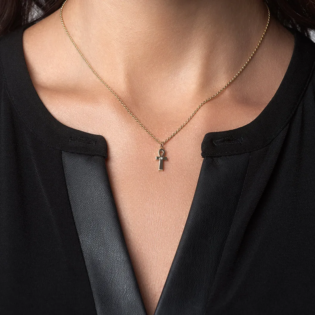 14k Rose Gold Ankh Diamond Pendant and Chain Necklace for Women