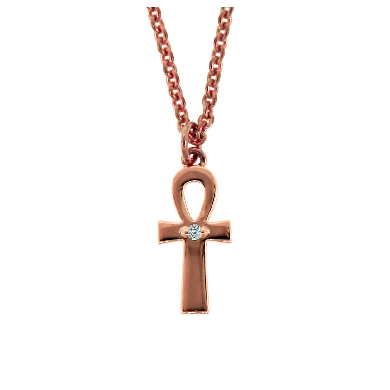 14k Rose Gold Ankh Diamond Pendant and Chain Necklace for Women
