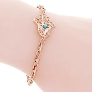 14k Rose Gold Hamsa Hand of Fatima Charm Bracelet with Turquoise 8.5" 11.5 grams