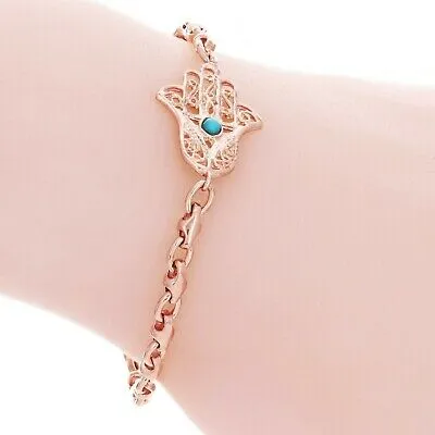 14k Rose Gold Hamsa Hand of Fatima Charm Bracelet with Turquoise 8.5" 11.5 grams