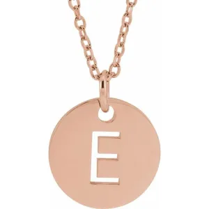 14K Rose Gold Initial E 10 mm Disc 16-18" Necklace