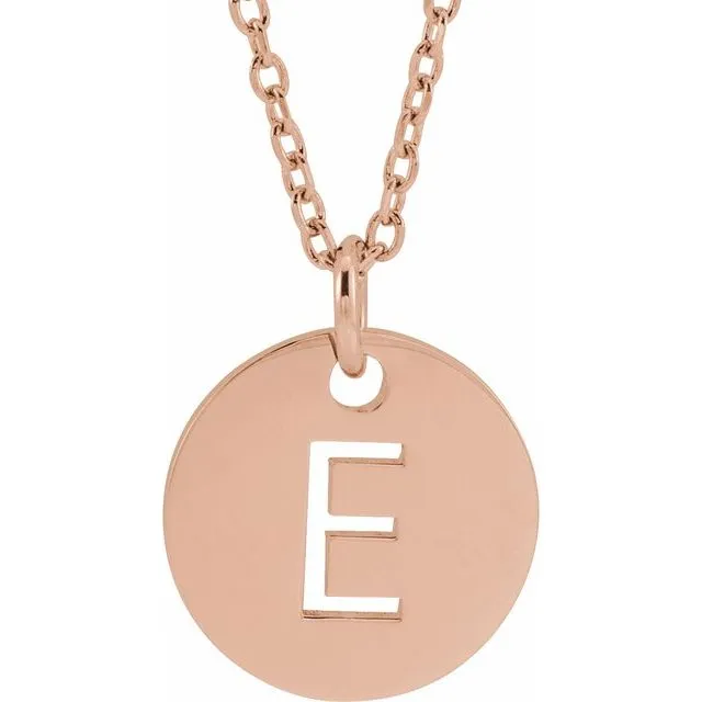 14K Rose Gold Initial E 10 mm Disc 16-18" Necklace