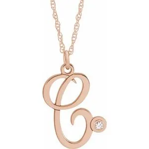 14K Rose Gold-Plated Sterling Silver .02 CT Diamond Script Initial C 16-18" Necklace