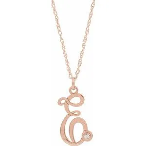 14K Rose Gold-Plated Sterling Silver .02 CT Diamond Script Initial E 16-18" Necklace