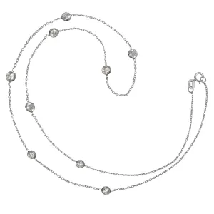 14K Solid White Gold Cubic Zirconia Station Necklace | 18 Inch Length Cable Rolo Chain