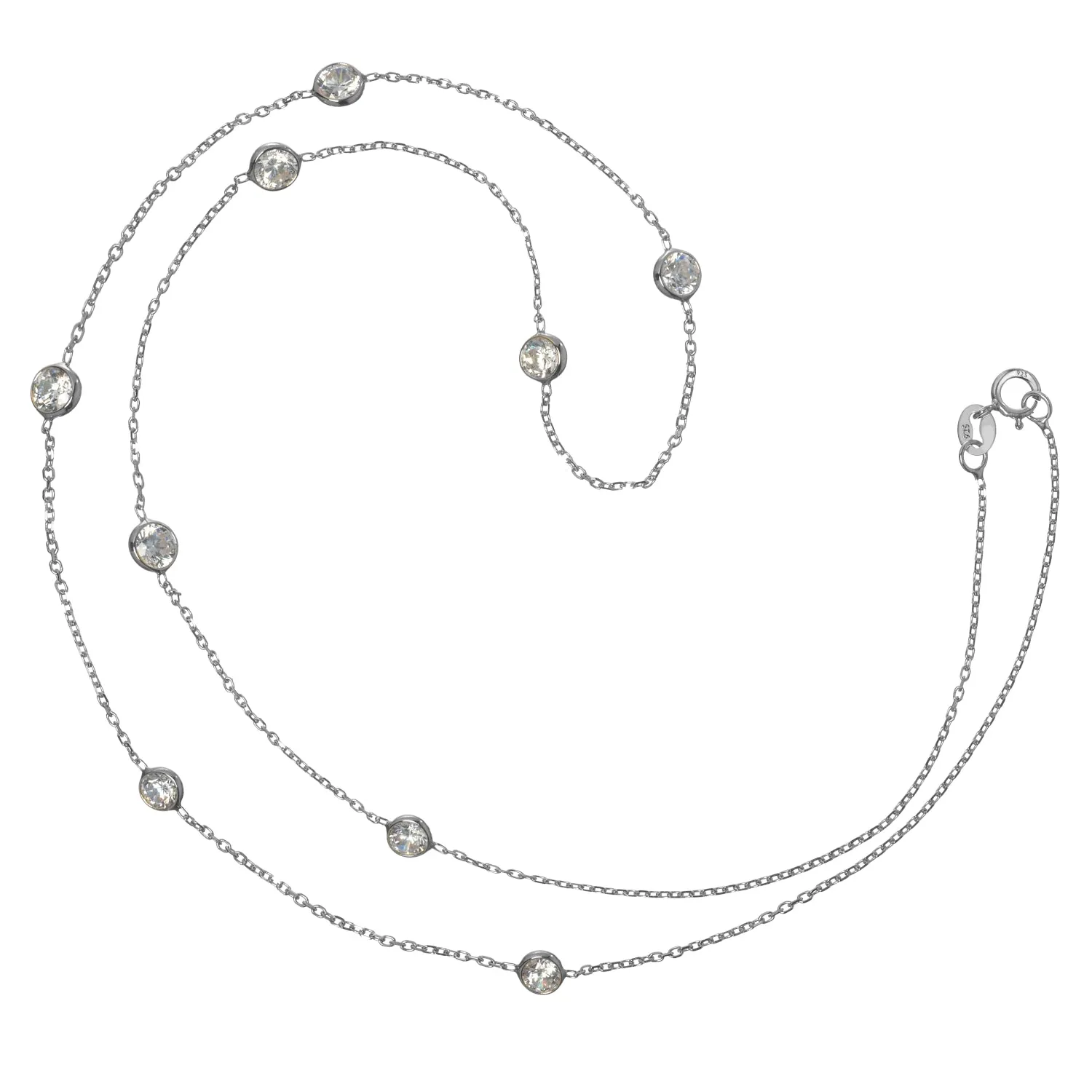 14K Solid White Gold Cubic Zirconia Station Necklace | 18 Inch Length Cable Rolo Chain